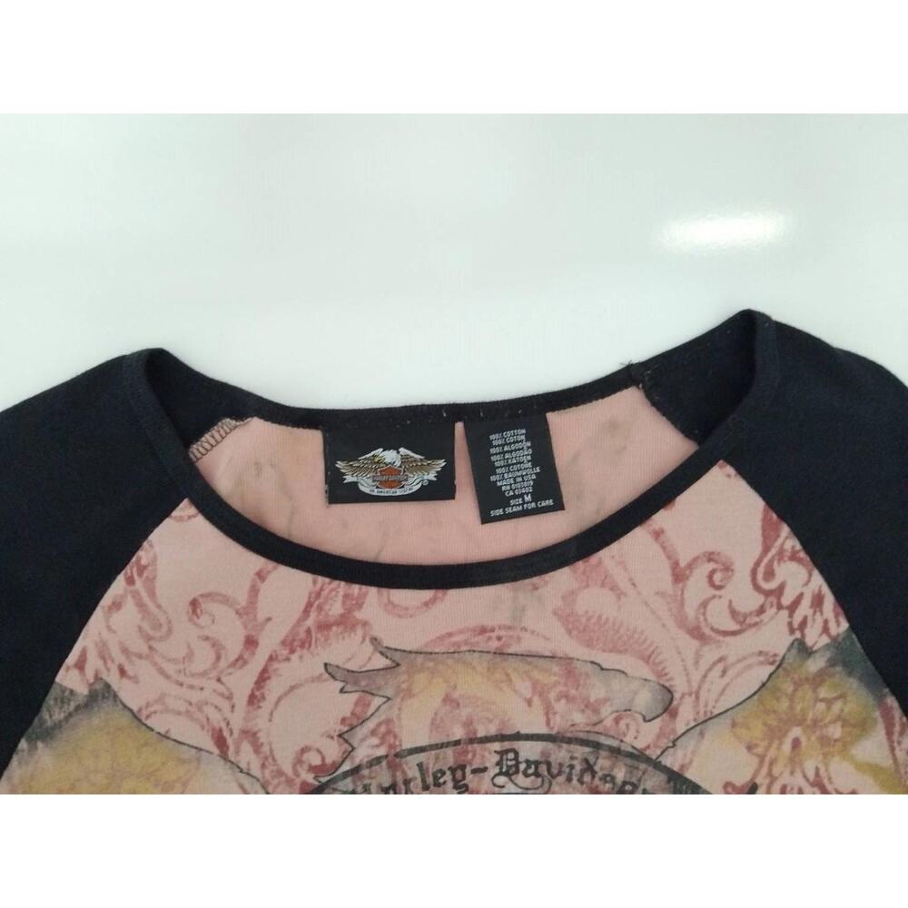 Harley Davidson Womens Pink Raglan Long Sleeve Eagle Graphic Rhinestone Top M - Picture 3 of 9